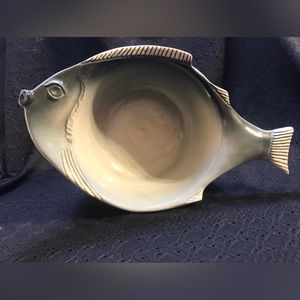 Flat Earth art pottery fish deep bowl 11”x 6.75”X 2.75” Blue Grey